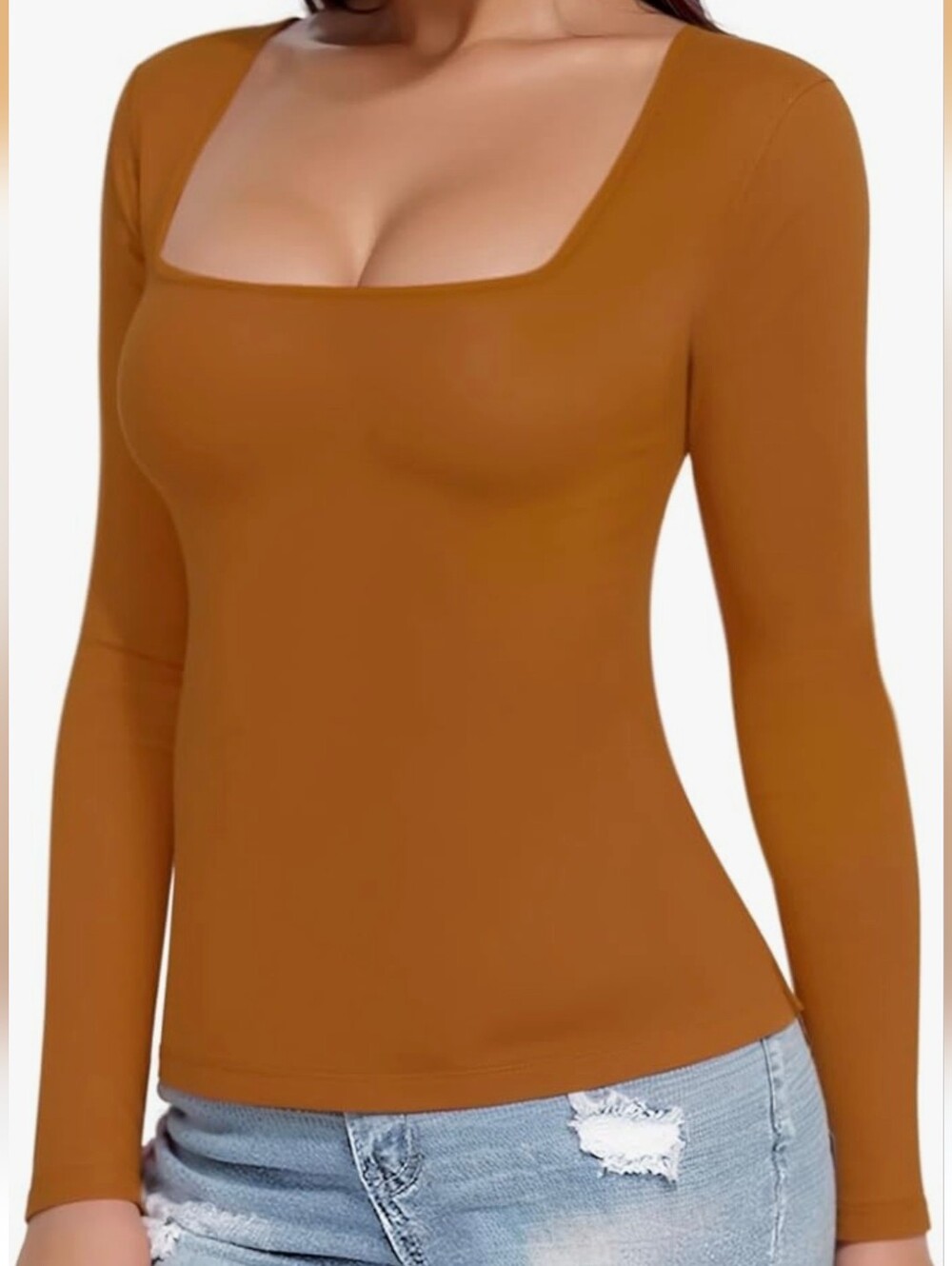 Mangopop Square Neck Long Sleeve Top Camel S - NWT